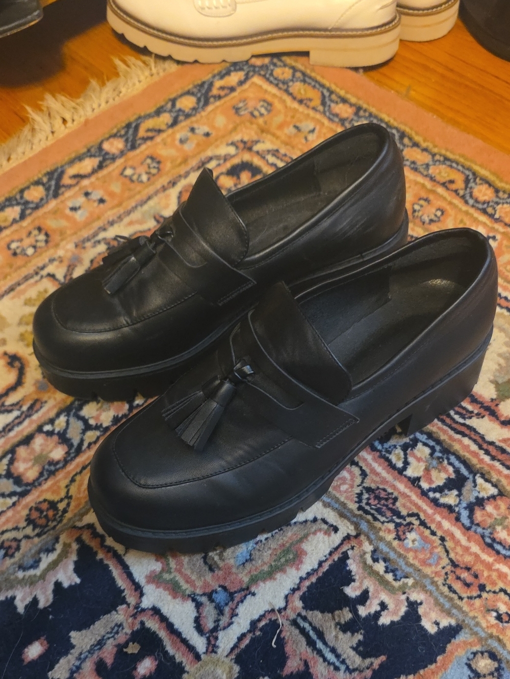 Black Leather Tassel Loafers for Women